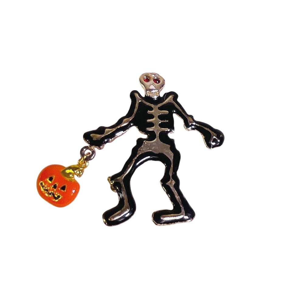 Vtg Halloween Skeleton Brooch Pumpkin Dangle Enamel Kitschy Novelty Pin - Picture 2 of 5